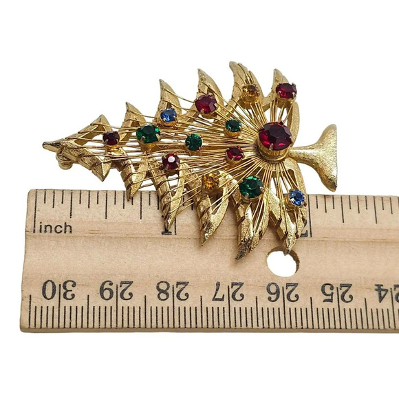 Brooks Textured Multicolor Rhinestone Christmas Tree Brooch Pin Gold Tone VTG - Picture 5 of 5